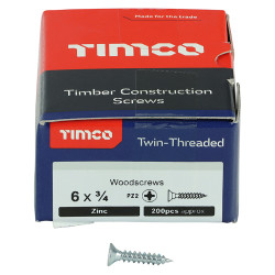 TIMCO Twin Threaded Pozi Countersunk Wood Screws - 6 x 3/4" - Zinc Plated - Pack of 200