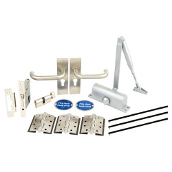 Light Duty Euro Lock Door Handle on Backplate Fire Door Kit - Size 3 - Push/Pull - Satin Stainless