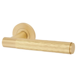 Alexander and Wilks Satin Brass Hammered Door Handles on Round Rose - Spitfire Range