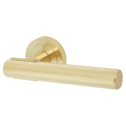 Altro Satin Brass Knurled Door Handles on Round Rose - Orla Range