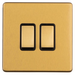 Eurolite Concealed 10A 2 Gang 2 Way Screwless Flat Plate Light Switch - Satin Brass/Black