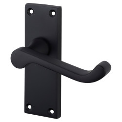 Matt Black Victorian Scroll Latch Door Handles - Short Plate - 117 x 40mm