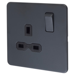 Knightsbridge 13A 1 Gang Screwless Flat Plate Switched DP Socket - Anthracite Grey/Black Inserts