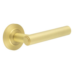 Burlington by Frelan Satin Brass Fire Rated Door Handles on Round Chamfered Rose - Richmond Range