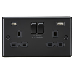 Knightsbridge 13A 2 Gang Round Edge Type A/C USB Socket with 2 x USB - 4A - Matt Black/Black
