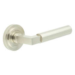 Burlington by Frelan Satin Nickel Fire Rated Door Handles on Round Stepped Rose - Westminster Range