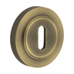 Burlington BUR60 by Frelan Escutcheon on Knurled Rose - 53mm Diameter - Keyhole - Antique Brass