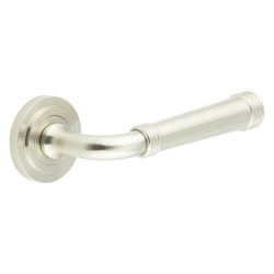 Burlington by Frelan Satin Nickel Fire Rated Door Handles on Round Stepped Rose - Highgate Range