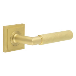 Burlington by Frelan Satin Brass Knurled Fire Rated Door Handles on Square Stepped Rose - Piccadilly Range