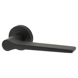 Jedo Matt Black Fire Rated Door Handles on Round Rose - Geo Range