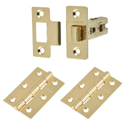 Touchpoint Tubular Latch Pack - 76mm Case - 57mm Backset - 2 x Plain Steel Hinges - Polished Brass