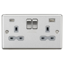 Knightsbridge 13A 2 Gang Round Edge Type A/C USB Socket with 2 x USB - 4A - Brushed Chrome/Grey