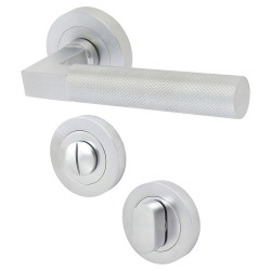 Hampstead Satin Chrome Solid Brass Knurled Door Handles on Rose with Turn & Release