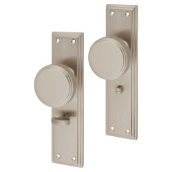 Hampstead Satin Nickel Knurled Bathroom Mortice Door Knob on Backplate - 205 x 52mm - Miller Range