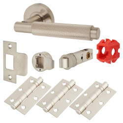 Jigtech Satin Nickel Knurled Latch Door Handles on Rose Pack - Passage - Textura Range