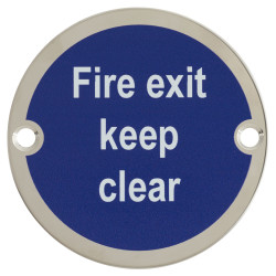 Altro Fire Exit Keep Clear Door Sign - 75mm Diameter - Polished Stainless Steel