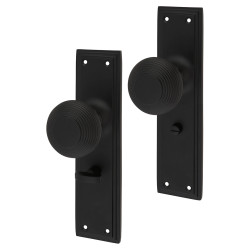 Hampstead Matt Black Reeded Bathroom Mortice Door Knob on Backplate - 205 x 52mm - Miller Range