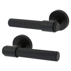 Altro Matt Black Knurled Door Handles on Round Rose - Esme Range