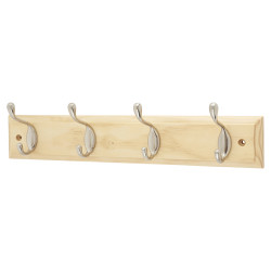 Touchpoint Hat & Coat Hook Rail - 400 x 20 x 71mm - 4 Hooks - Pine Board with Satin Chrome Hooks