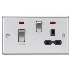 Knightsbridge 45A Round Edge DP Cooker Switch & 13A Socket & Neons - Brushed Chrome & Black Insert