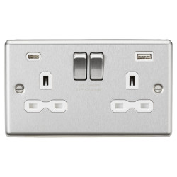 Knightsbridge 13A 2 Gang Round Edge Type A/C USB Socket with 2 x USB - 4A - Brushed Chrome/White
