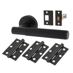 Serozzetta by Carlisle Brass Matt Black Knurled Latch Door Handles on Rose Ultimate Pack - Lagos Range
