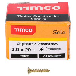 TIMCO Solo Chippy Pozi Countersunk Wood Screws - 3.0 x 20mm - Yellow Zinc - Pack of 200