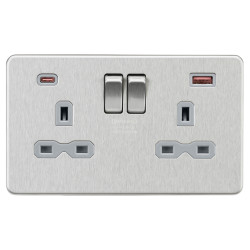 Knightsbridge 13A 2 Gang Type A/C 45W Fastcharge USB Socket with 2 x USB - Brushed Chrome/Grey