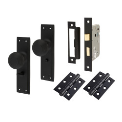Hampstead Matt Black Reeded Bathroom Lock Mortice Door Knobs on Backplate Pack - Miller Range - 205 x 52mm
