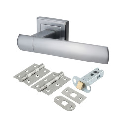 Altro Satin Chrome Latch Door Handles on Square Rose Pack - Essence Range