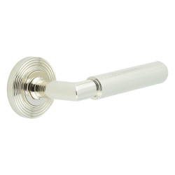 Burlington by Frelan Polished Nickel Knurled Fire Rated Door Handles on Round Reeded Rose - Piccadilly Range