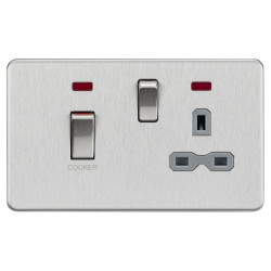 Knightsbridge 45A 2 Gang DP Cooker Switch & 13A Switched Socket with Neon - Brushed Chrome/Grey