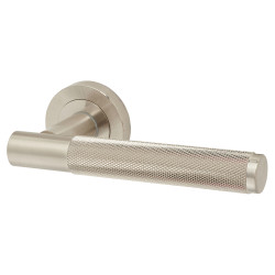 Jedo Satin Nickel Fire Rated Knurled Door Handles on Round Rose - Bari Range
