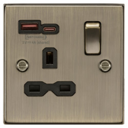 Knightsbridge 13A 1 Gang Square Edge Type A/C 18W USB Socket with 2 x USB - 1.5A - Antique Brass/Blk