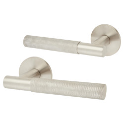 Jigtech Satin Stainless Steel Knurled Door Handles on Round Slim Rose - Schema Teckna Range