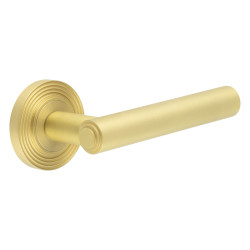 Burlington by Frelan Satin Brass Fire Rated Door Handles on Round Reeded Rose - Richmond Range