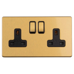 Eurolite Concealed 13A 2 Gang Screwless Flat Plate DP Switched Socket - Satin Brass/Black