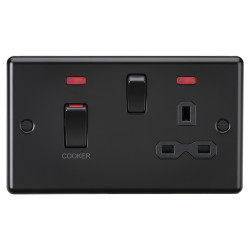 Knightsbridge 45A Round Edge DP Cooker Switch & 13A Socket with Neons - Matt Black/Black Insert