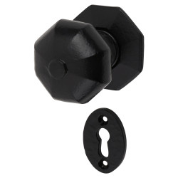 Olde Forge Antique Black Iron Octagonal Mortice/Rim Door Knob with Escutcheon - 59mm Rose Diameter