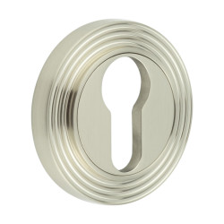 Burlington BUR61 by Frelan Escutcheon on Reeded Rose - 53mm Diameter - Euro - Satin Nickel