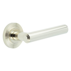 Burlington by Frelan Polished Nickel Fire Rated Door Handles on Round Reeded Rose - Richmond Range