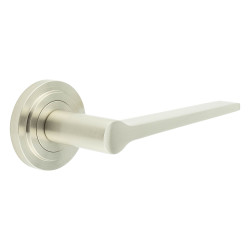 Burlington by Frelan Satin Nickel Fire Rated Door Handles on Round Stepped Rose - Knightsbridge Range