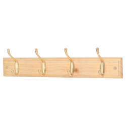 Touchpoint Hat & Coat Hook Rail - 450 x 70 x 15mm - 4 Hooks - Pine Board with Polished Brass Hooks
