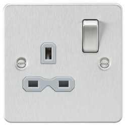 Knightsbridge 13A 1 Gang Double Pole Flat Plate Switched Socket - Brushed Chrome with Grey Insert