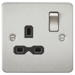 Knightsbridge 13A 1 Gang Flat Plate Double Pole Switched Socket - Brushed Chrome with Black Insert