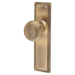 Hampstead Antique Brass Reeded Latch Mortice Door Knob on Backplate - 205 x 52mm - Miller Range