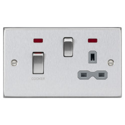 Knightsbridge 45A Square Edge DP Cooker Switch & 13A Socket & Neons - Brushed Chrome & Grey Insert