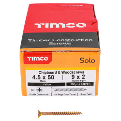 TIMCO Solo Chippy Pozi Countersunk Wood Screws - 4.5 x 50mm - Yellow Zinc - Pack of 200