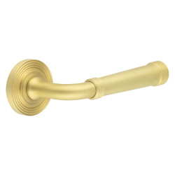 Burlington by Frelan Satin Brass Fire Rated Door Handles on Round Reeded Rose - Highgate Range