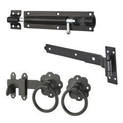 Medium Duty Cranked Hook & Band Gate Hinge Kit with Ring Gate Latch - 300mm - Black